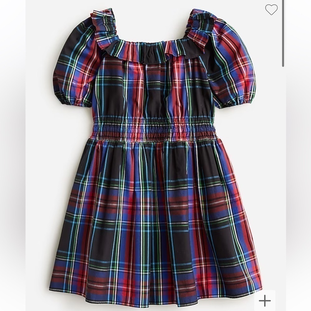 J crew Girls' puff-sleeve dress in black Stewart tartan